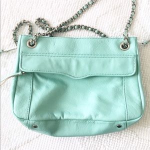 REBECCA MINKOFF MINT GREEN SWAG BAG LEATHER LOTA OF POCKETS EXPANDABLE EUC
